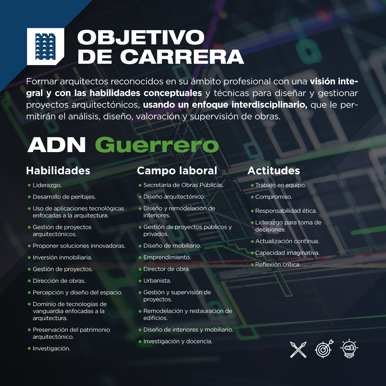 Conoce el objetivo de la licenciatura en Arquitectura y anímate a ser parte de este gran programa de la Universidad Cuauhtémoc, En la licenciatura en Arquitectura adquirirás todas las habilidades y actitudes que necesitas para desempeñarte en un campo laboral diverso.